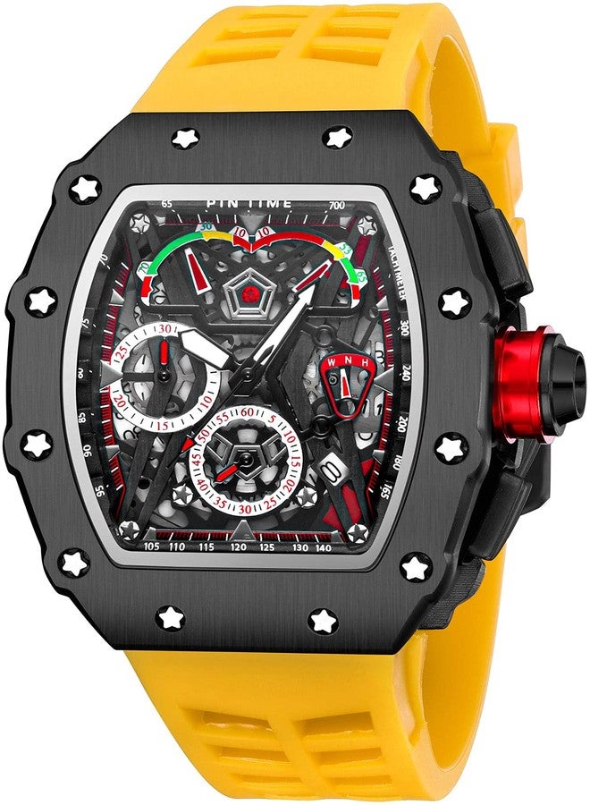 FANMIS Mens Luxury Tonneau Square Watches Analog Punk Chronograph Unique Sports Wrist Watch Japanese Movement Luminous Design with Rubber Band (Black Yellow) - Image 1